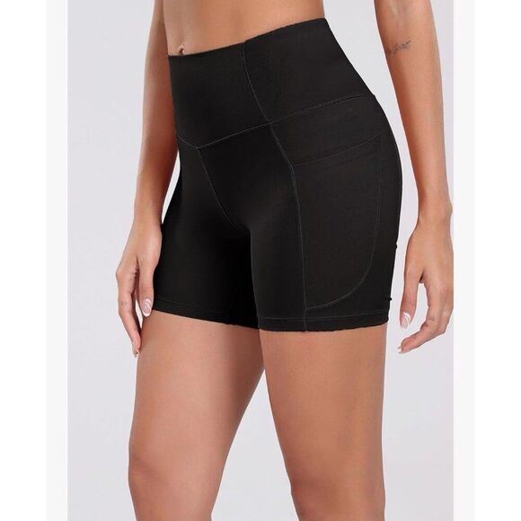 Oalka Shorts Solid Black Side Pockets High Waist Workout 4” Nylon Spandex Medium - Picture 4 of 8